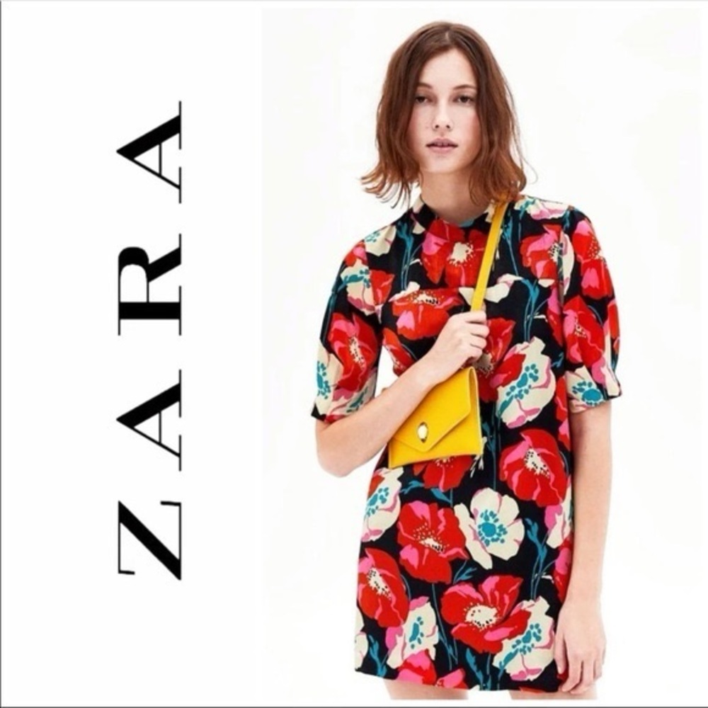 ZARA Trafaluc Collection | NWT Red Poppy Floral Mini Shift Dress Medium - Picture 1 of 4